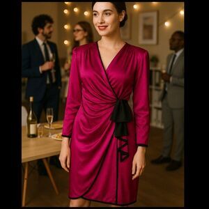 Vintage Hot Pink Black Bow Trim Details Faux Wrap Long Sleeve Shoulder Pads 80s